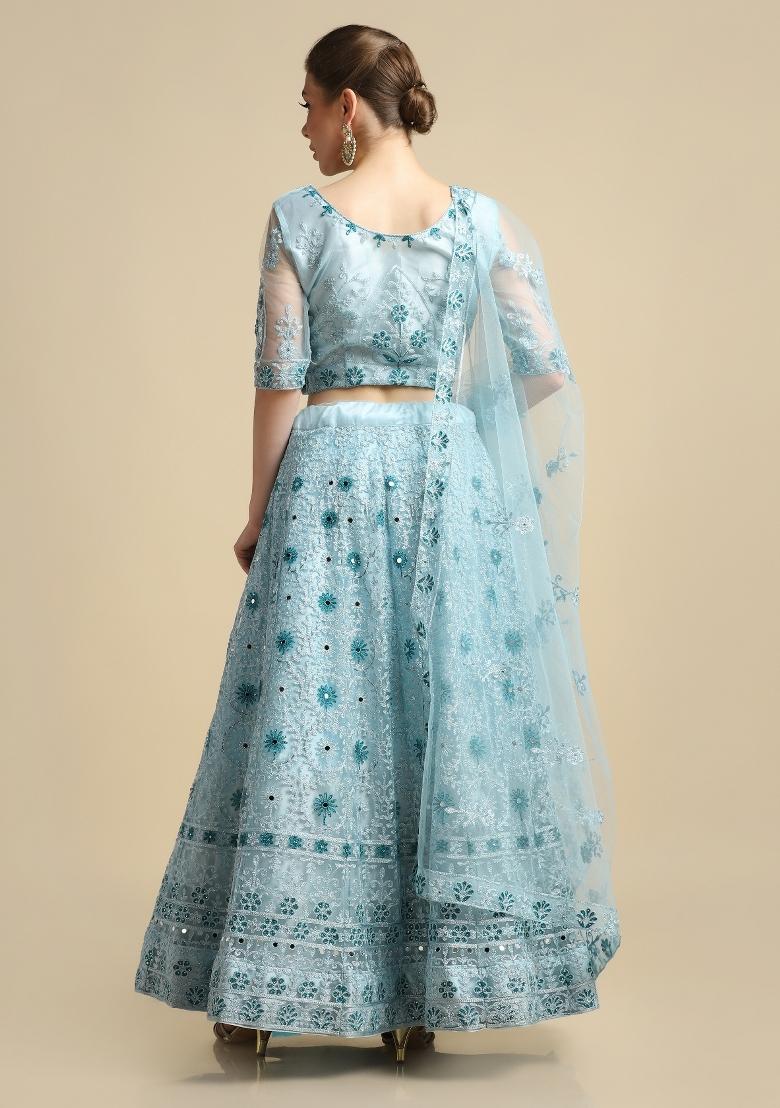 Sky Blue Mirror Work Net Lehenga Set - Indya