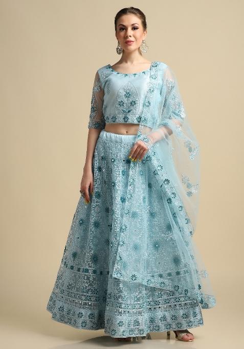 Sky Blue Mirror Work Net Lehenga Set