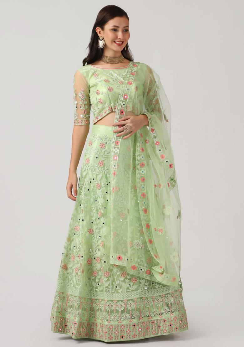 Green Embroidered Net Lehenga Set - Indya