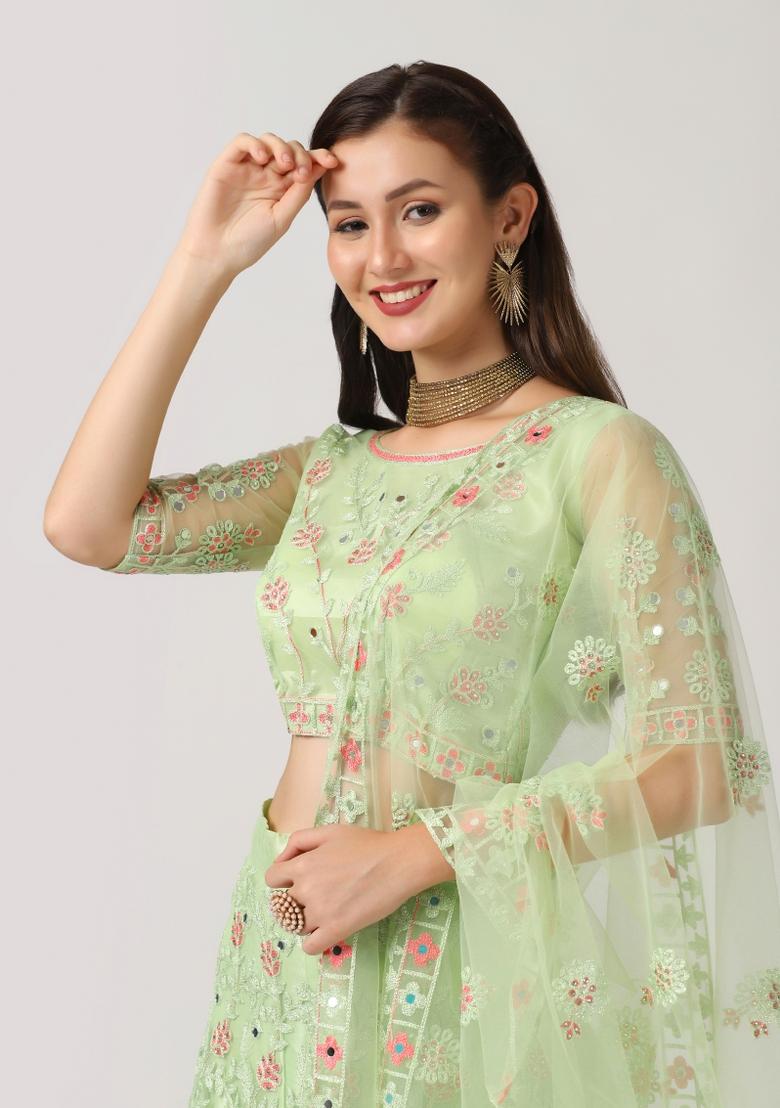 Green Embroidered Net Lehenga Set - Indya