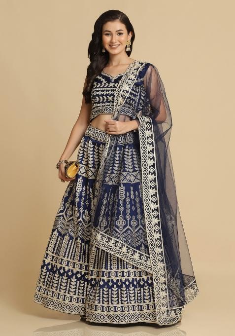 Blue Embroidered Silk Blend Lehenga Set