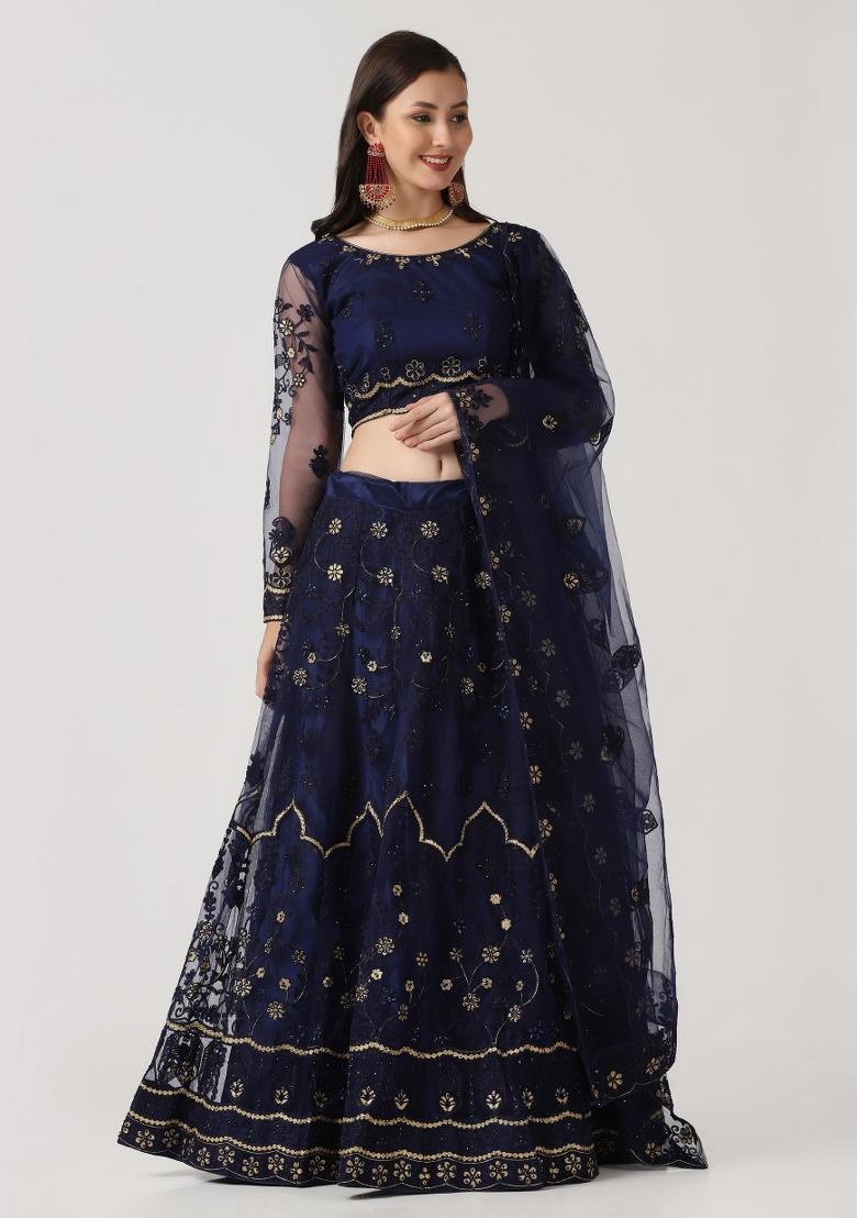 Blue Embroidered Net Lehenga Set - Indya