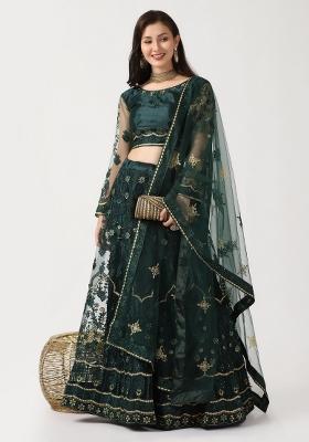 Green Embroidered Net Lehenga Set