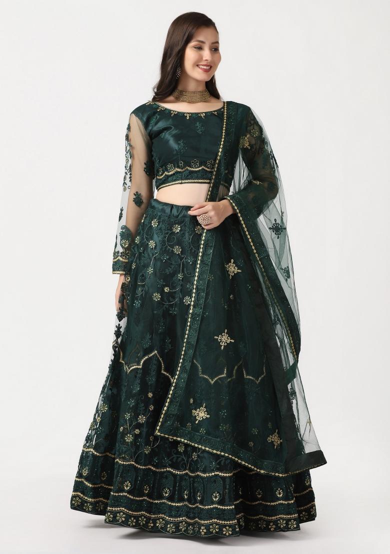 Green Embroidered Net Lehenga Set - Indya