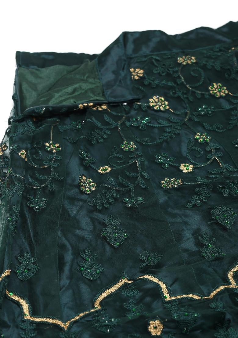 Green Embroidered Net Lehenga Set - Indya