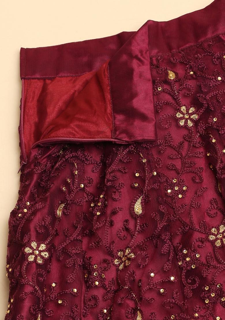 Purple Embroidered Net Lehenga Set - Indya