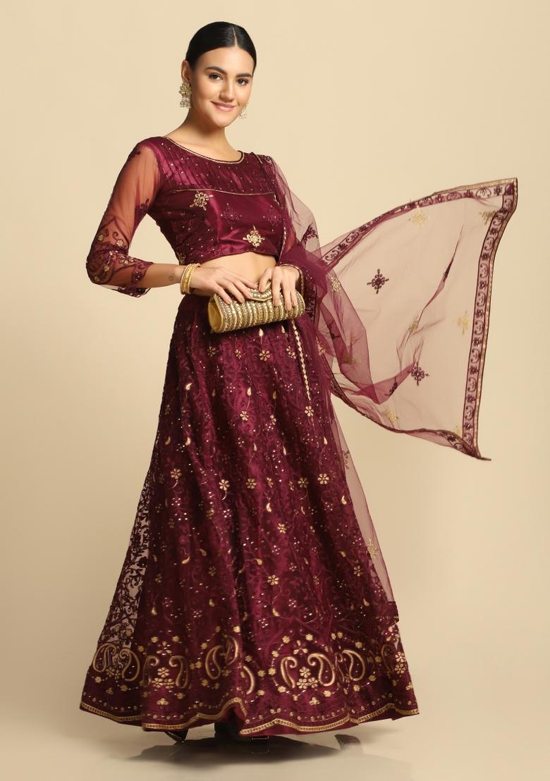 Purple Embroidered Net Lehenga Set - Indya