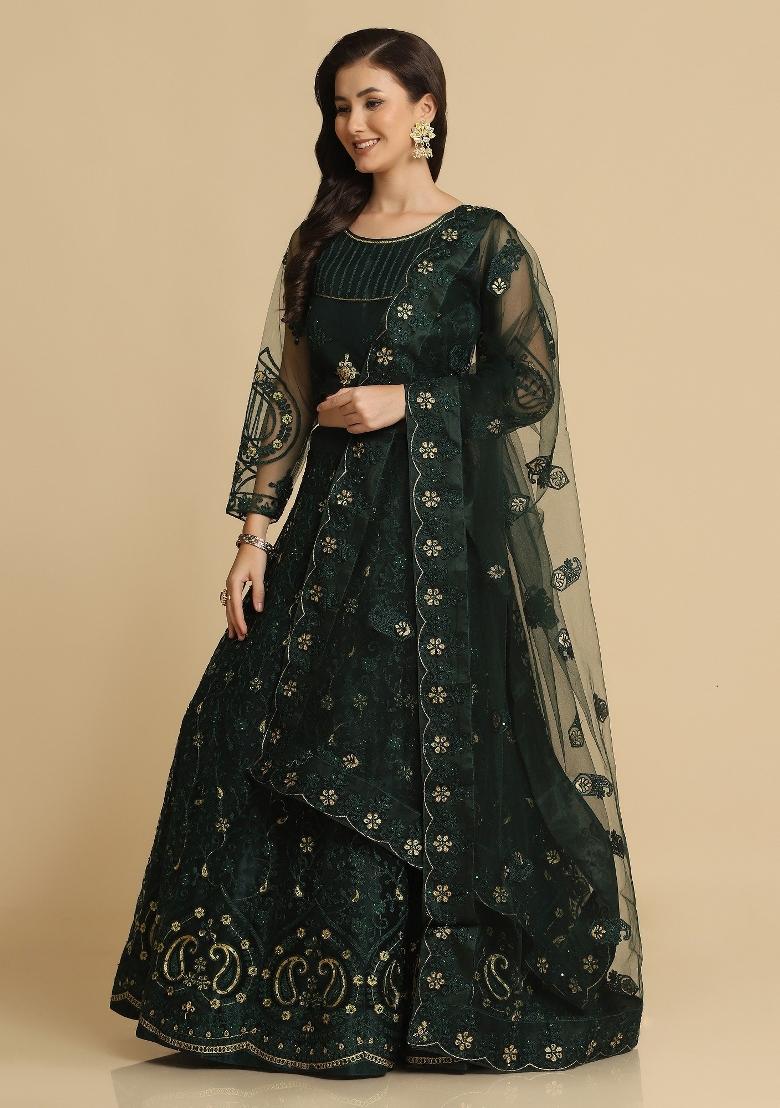Green Thread Work Net Lehenga Set - Indya