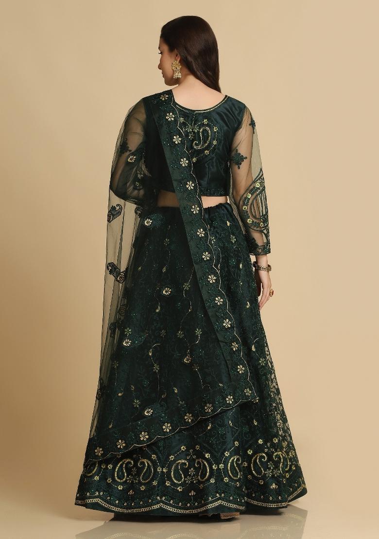Green Thread Work Net Lehenga Set - Indya