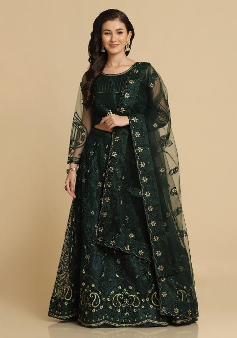 Green Thread Work Net Lehenga Set