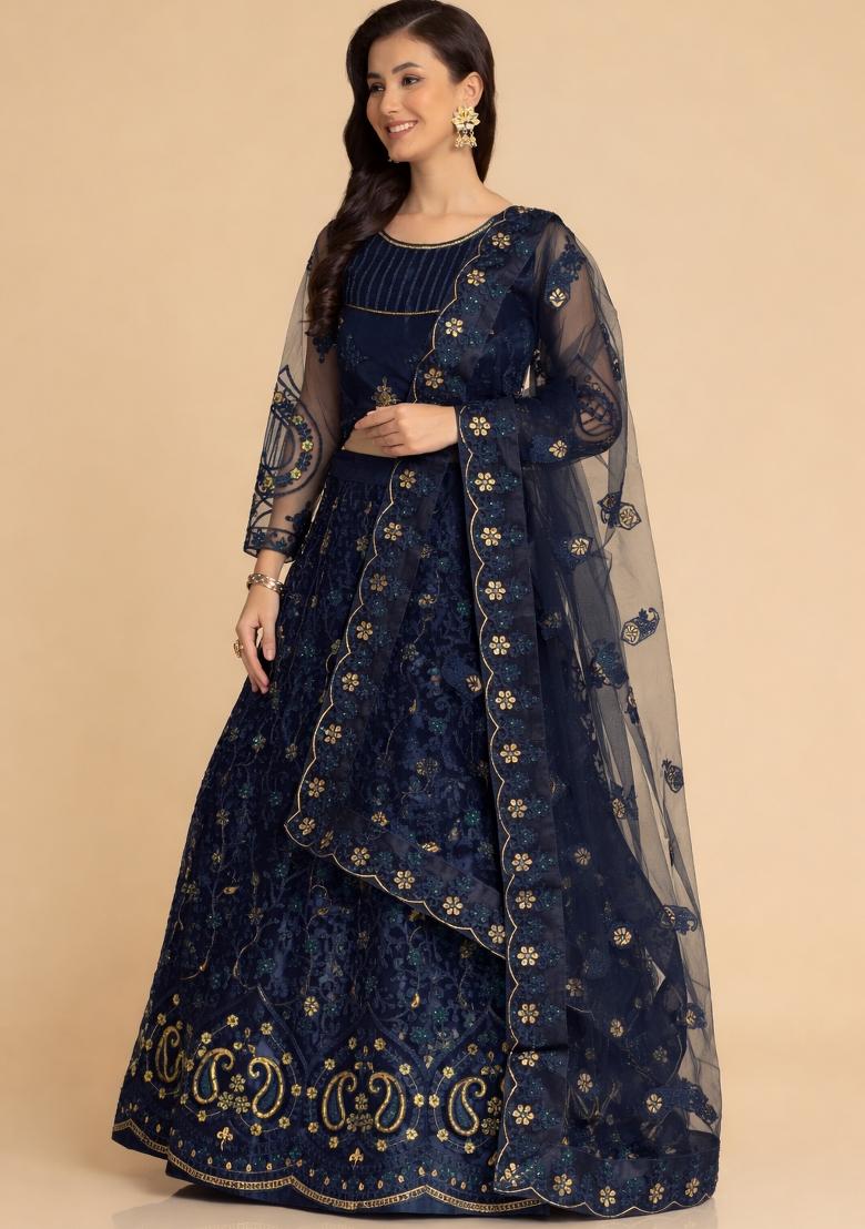 Blue Thread Work Net Lehenga Set - Indya