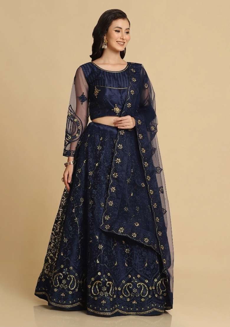 Blue Thread Work Net Lehenga Set for Diwali and Festive Wear - Indya