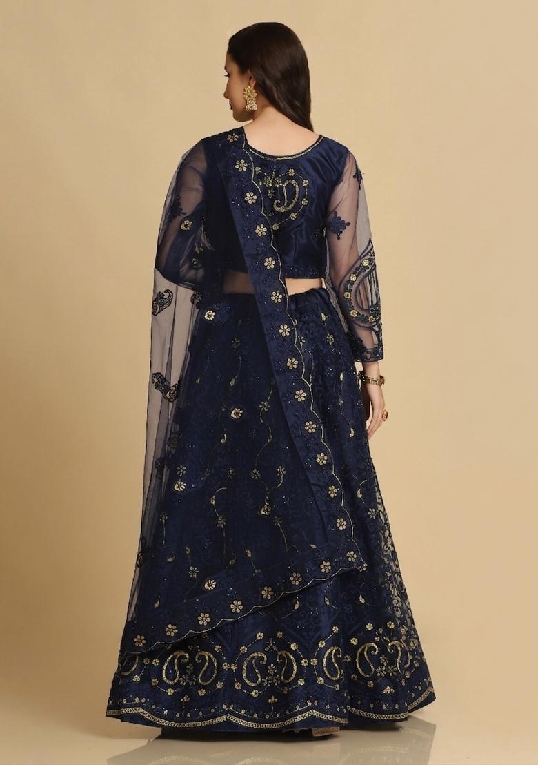 Blue Thread Work Net Lehenga Set - Indya