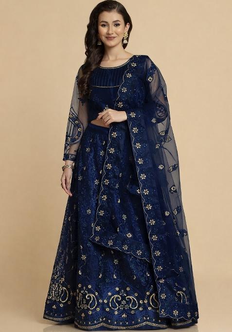 Blue Thread Work Net Lehenga Set