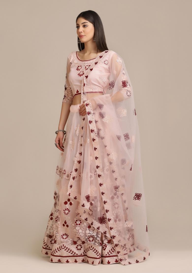 Pink Embroidered Net Lehenga Set - Indya