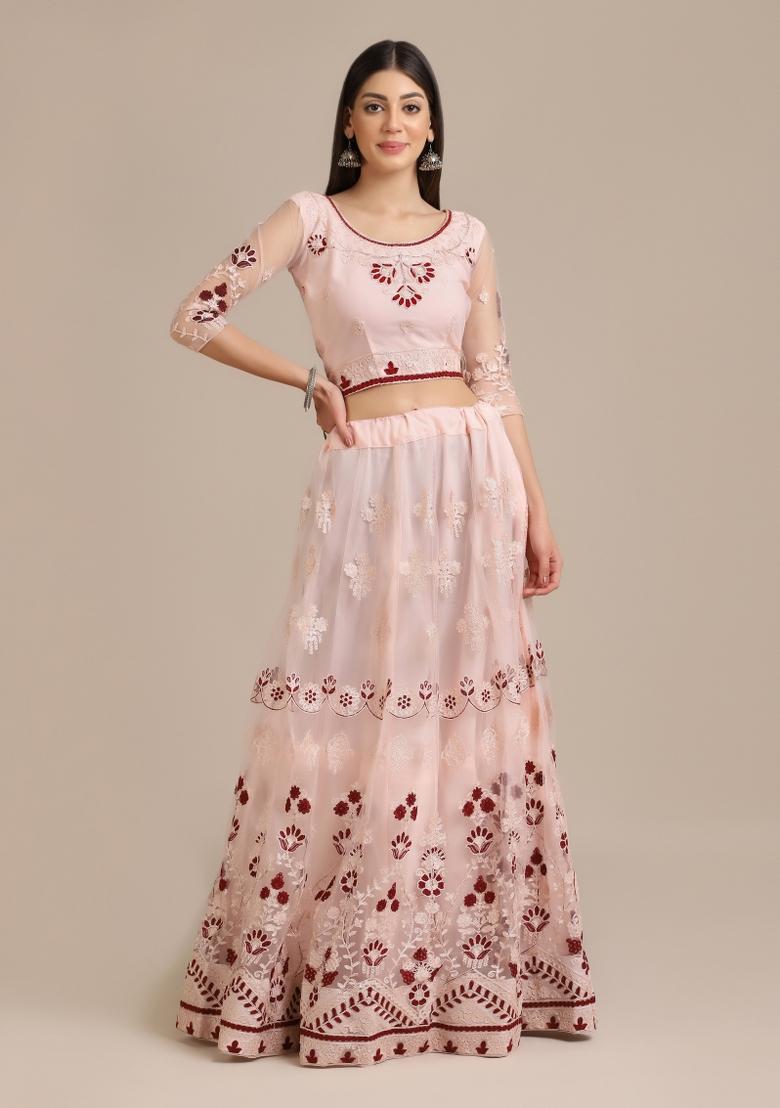 Pink Embroidered Net Lehenga Set - Indya