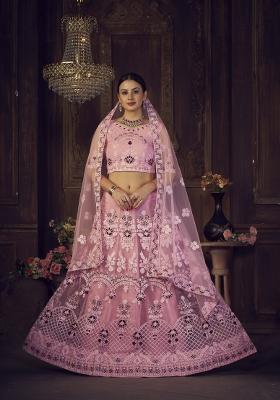 Pink Embroidered Net Lehenga Set
