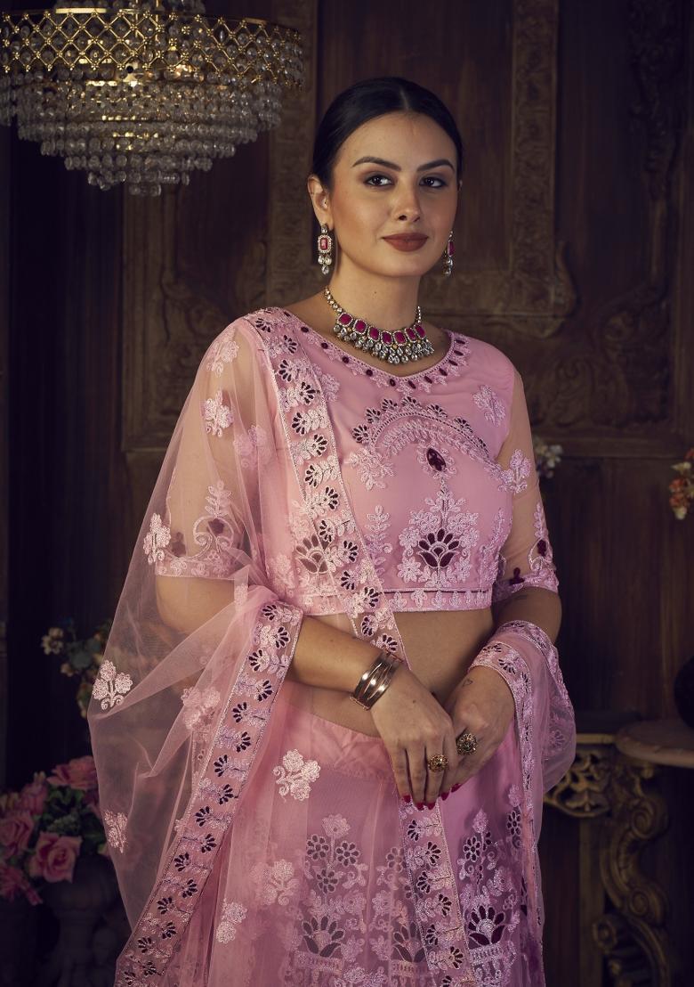 Pink Embroidered Net Lehenga Set - Indya