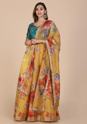 Yellow Floral Print Cotton Lehenga Set