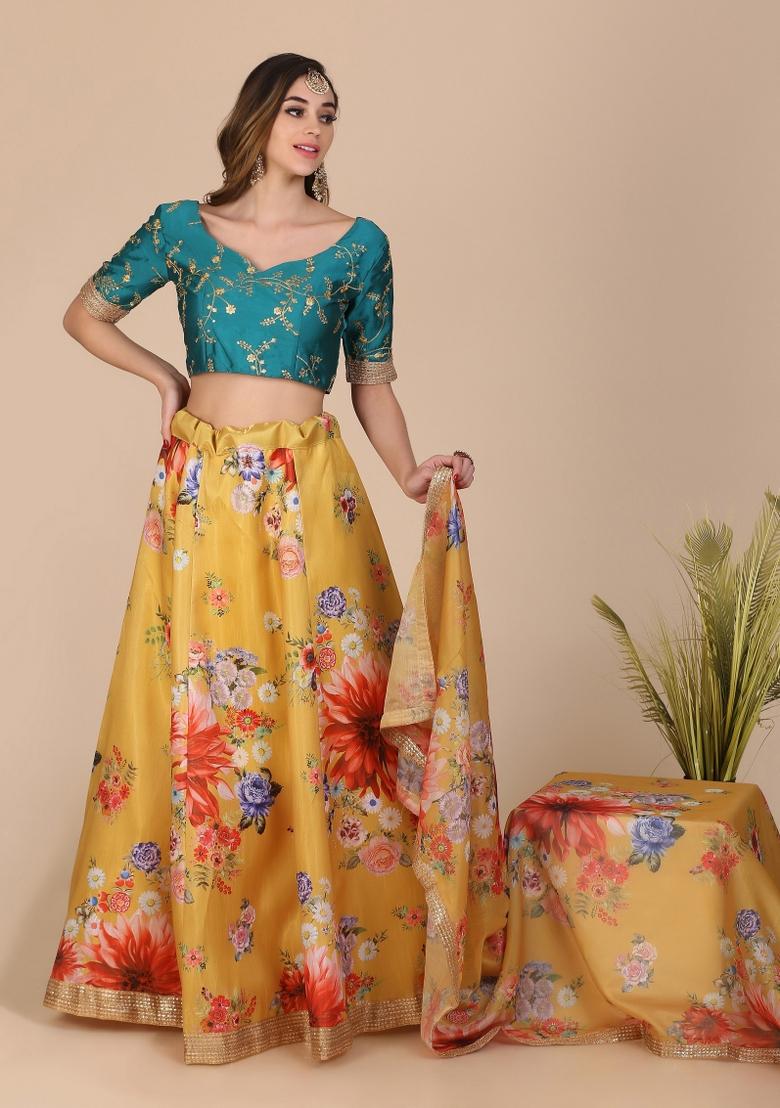 Yellow Floral Print Cotton Lehenga Set - Indya
