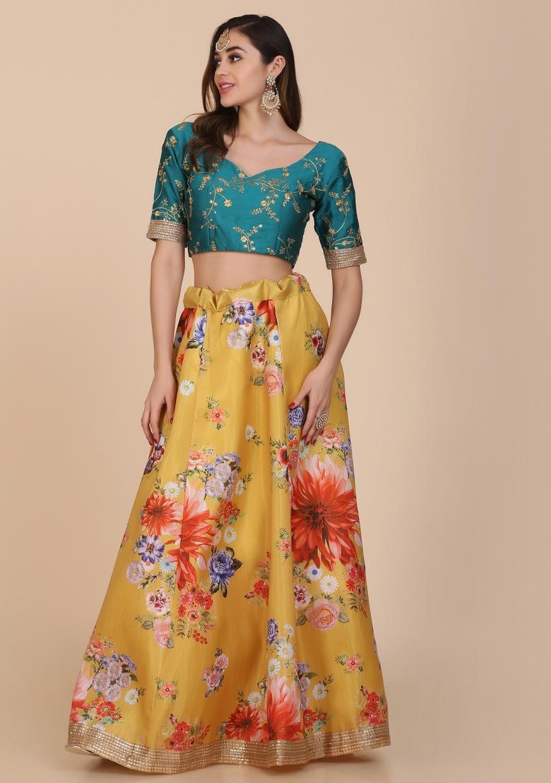 Yellow Floral Print Cotton Lehenga Set - Indya