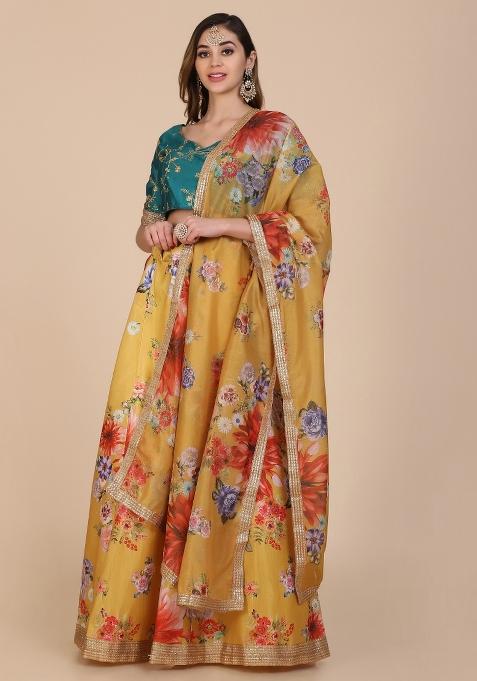 Yellow Floral Print Cotton Lehenga Set