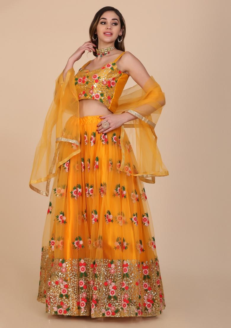 Yellow Thread Work Net Lehenga Set - Indya