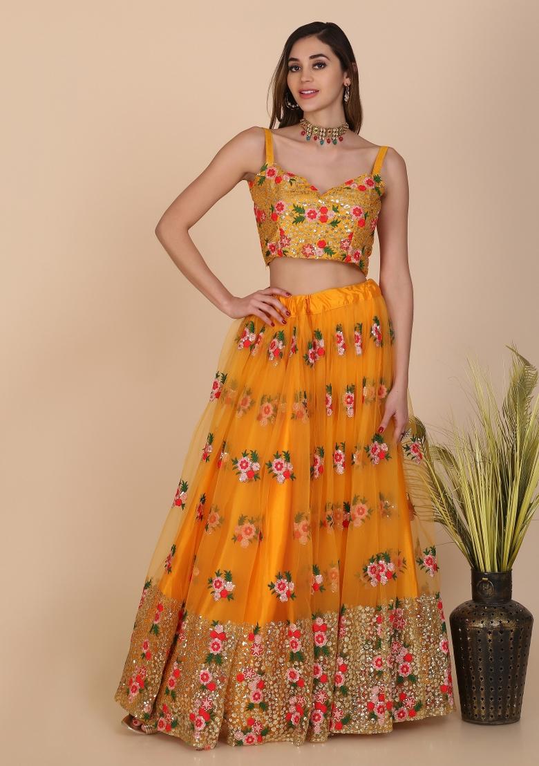 Yellow Thread Work Net Lehenga Set - Indya