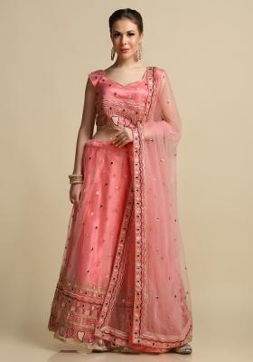 Peach Embroidered Net Lehenga Set