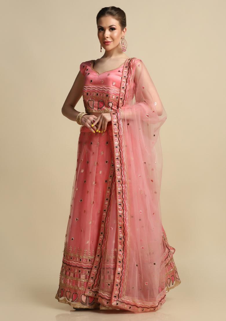 Peach Embroidered Net Lehenga Set - Indya