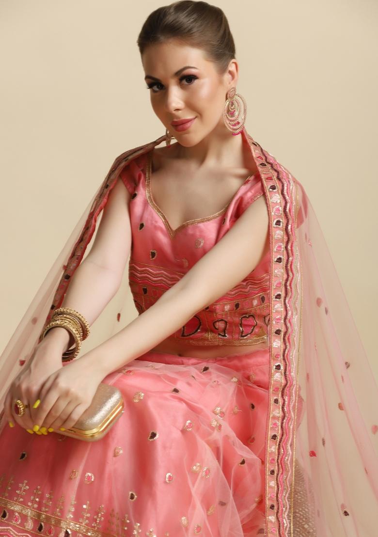 Peach Embroidered Net Lehenga Set - Indya