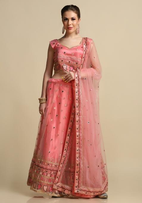 Peach Embroidered Net Lehenga Set