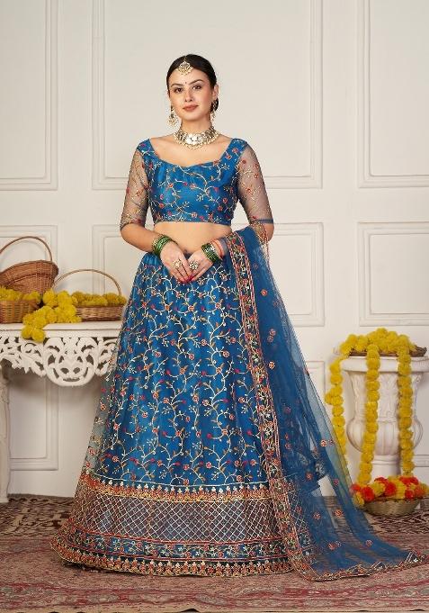 Turquoise Embroidered Net Lehenga Set