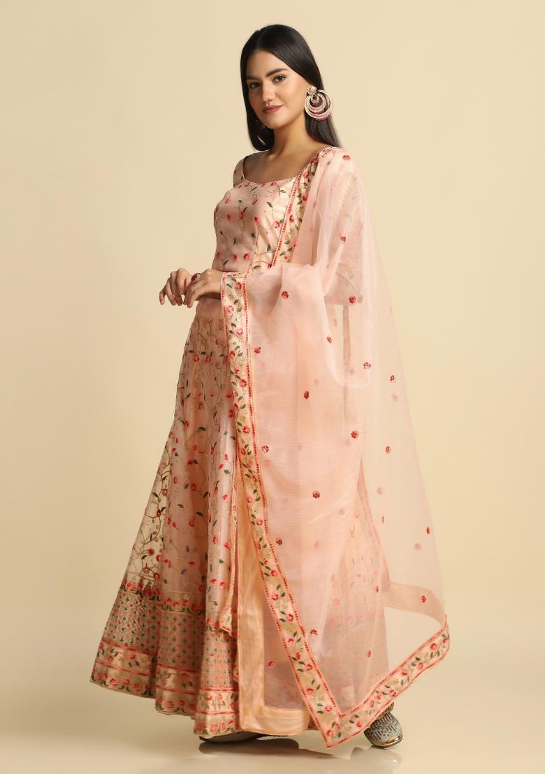 Peach Embroidered Net Lehenga Set - Indya