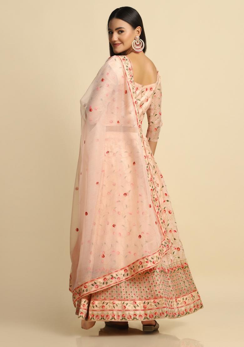 Peach Embroidered Net Lehenga Set - Indya