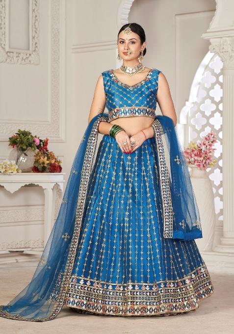 Turquoise Embroidered Net Lehenga Set