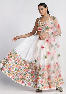 White Embroidered Silk Blend Lehenga Set