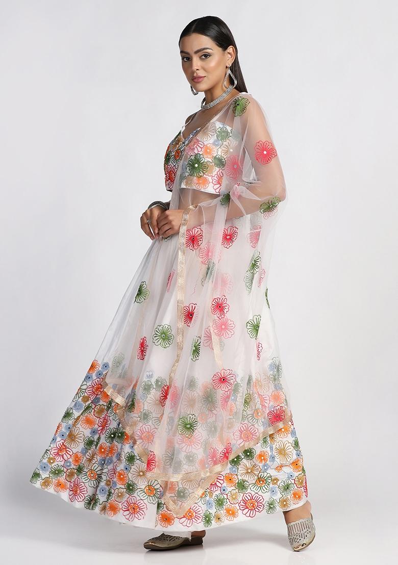 White Embroidered Silk Blend Lehenga Set - Indya