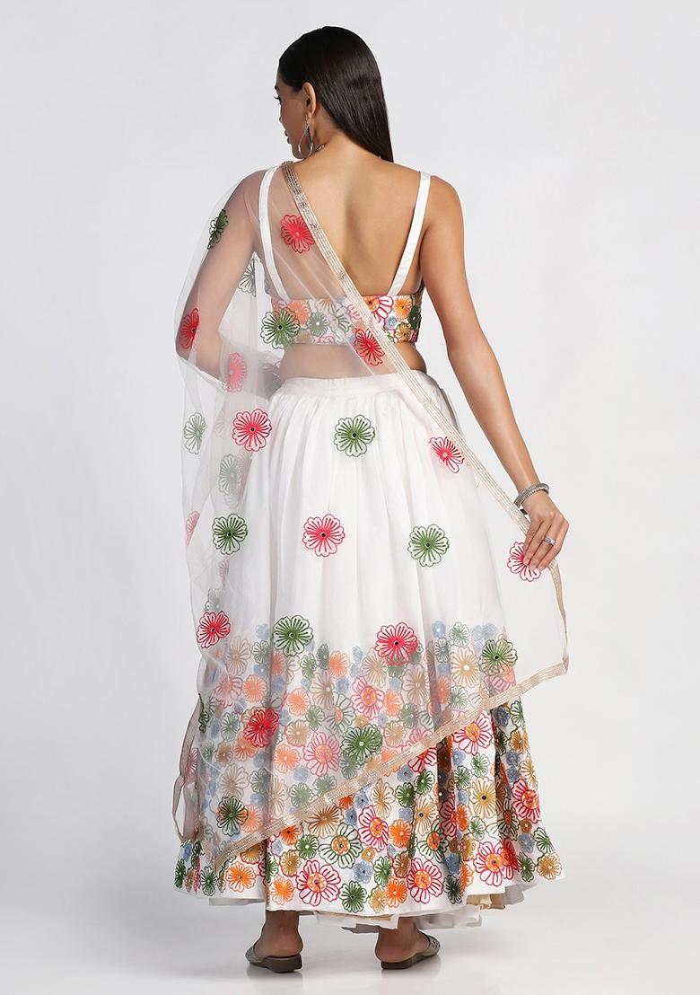 White Embroidered Silk Blend Lehenga Set - Indya