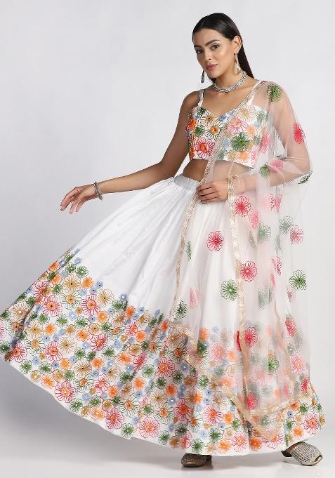 White Embroidered Silk Blend Lehenga Set