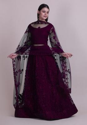 Purple Embroidered Net Lehenga Set
