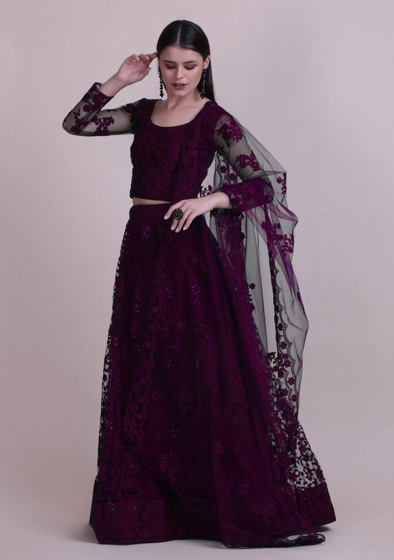 Purple Embroidered Net Lehenga Set - Indya