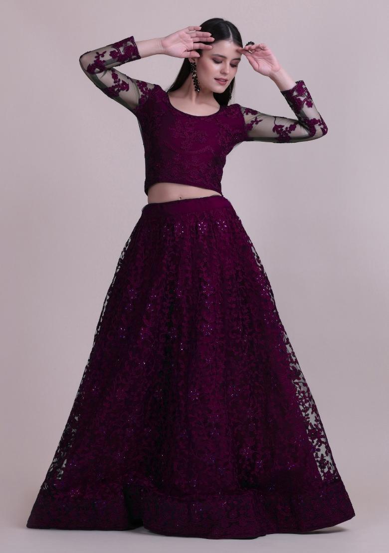 Purple Embroidered Net Lehenga Set - Indya