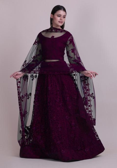 Purple Embroidered Net Lehenga Set