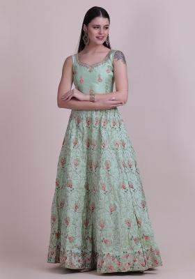 Light Green Embroidered Silk Blend Lehenga Set