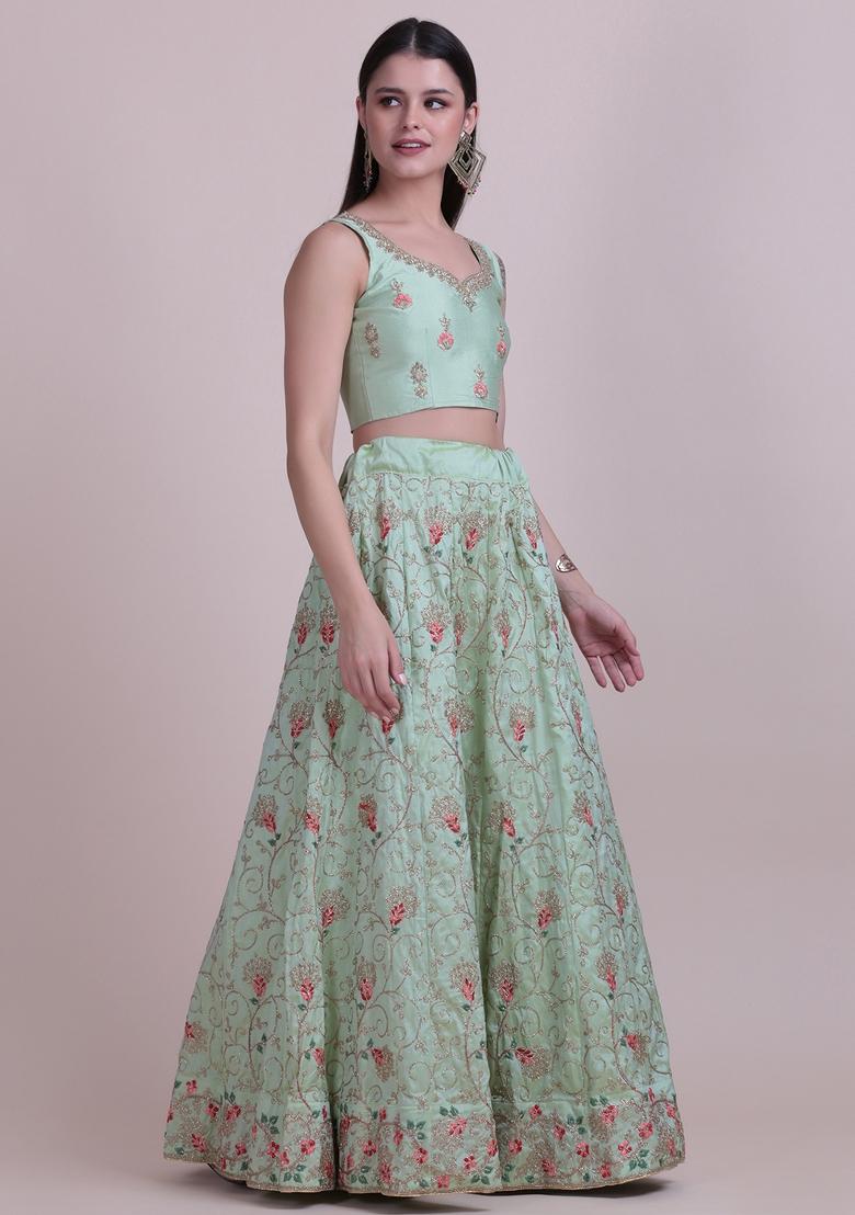 Light Green Embroidered Silk Blend Lehenga Set - Indya