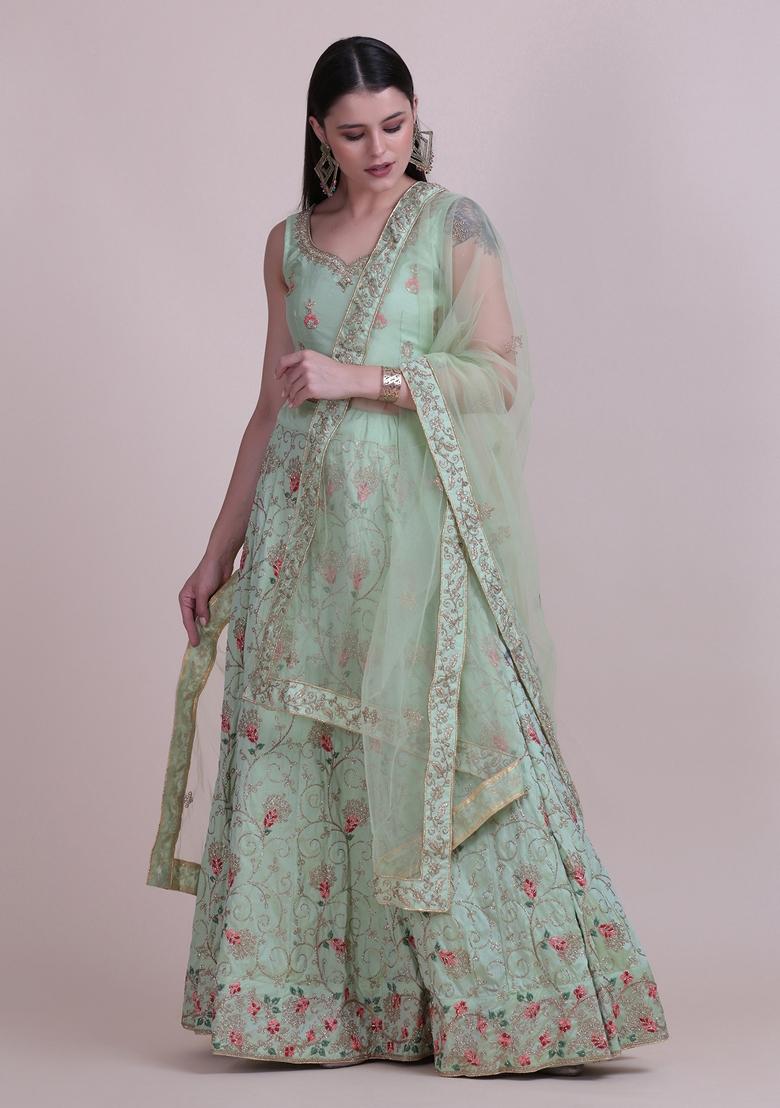 Light Green Embroidered Silk Blend Lehenga Set - Indya