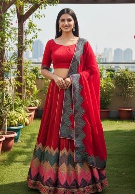 Red Embroidered Net Lehenga Set
