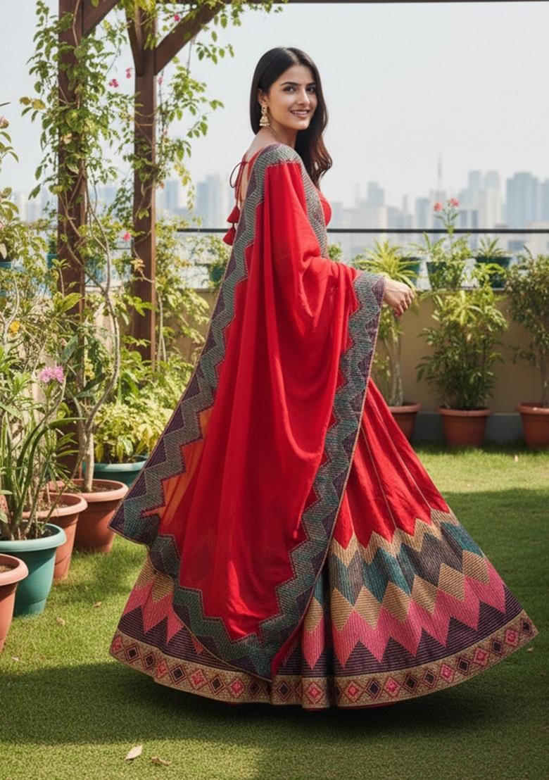 Red Embroidered Net Lehenga Set - Indya