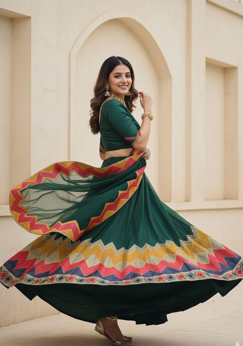 Green Embroidered Net Lehenga Set - Indya